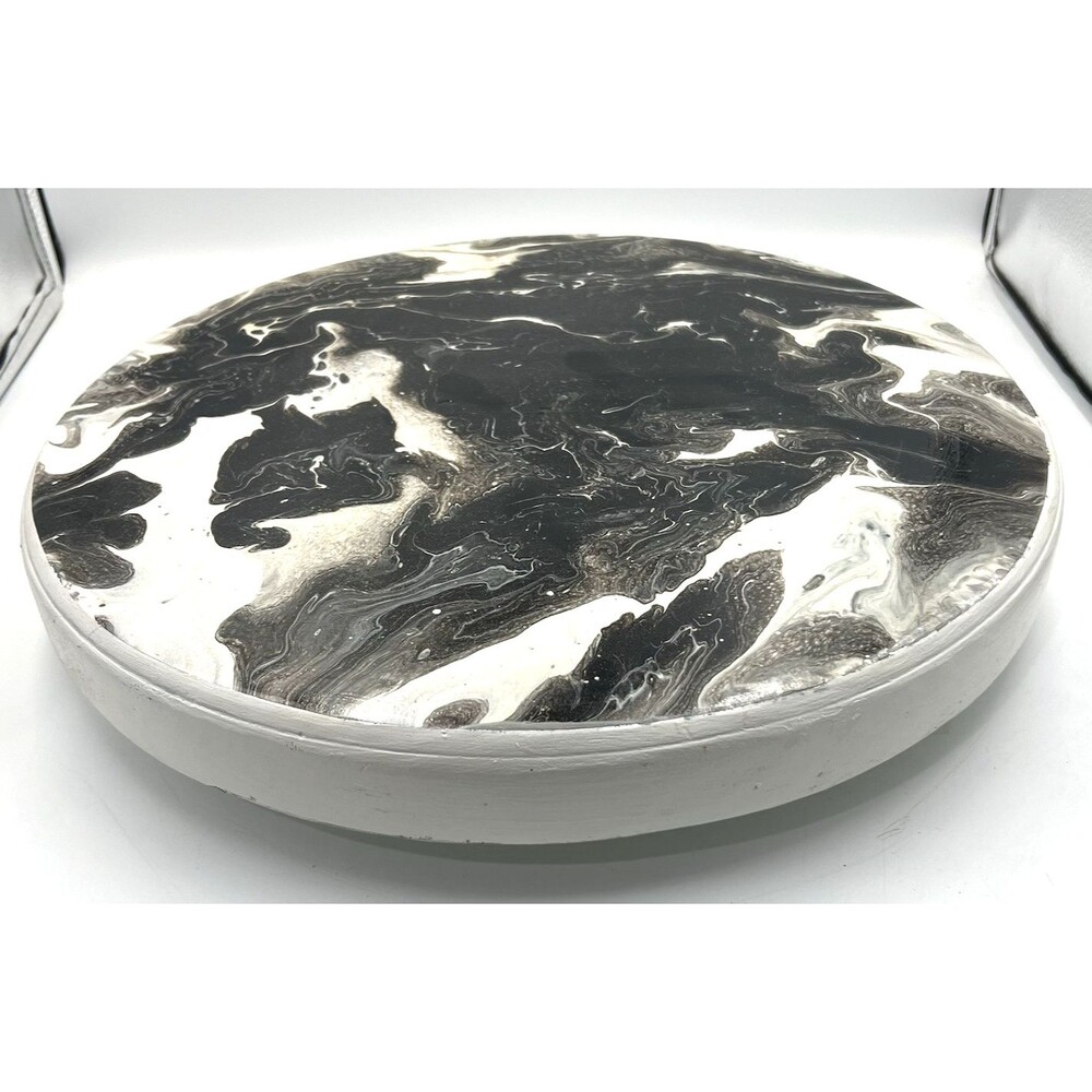 Lazy Susan Turntable 16" Wooden Hand Painted Abstract Swirl Black White Round
